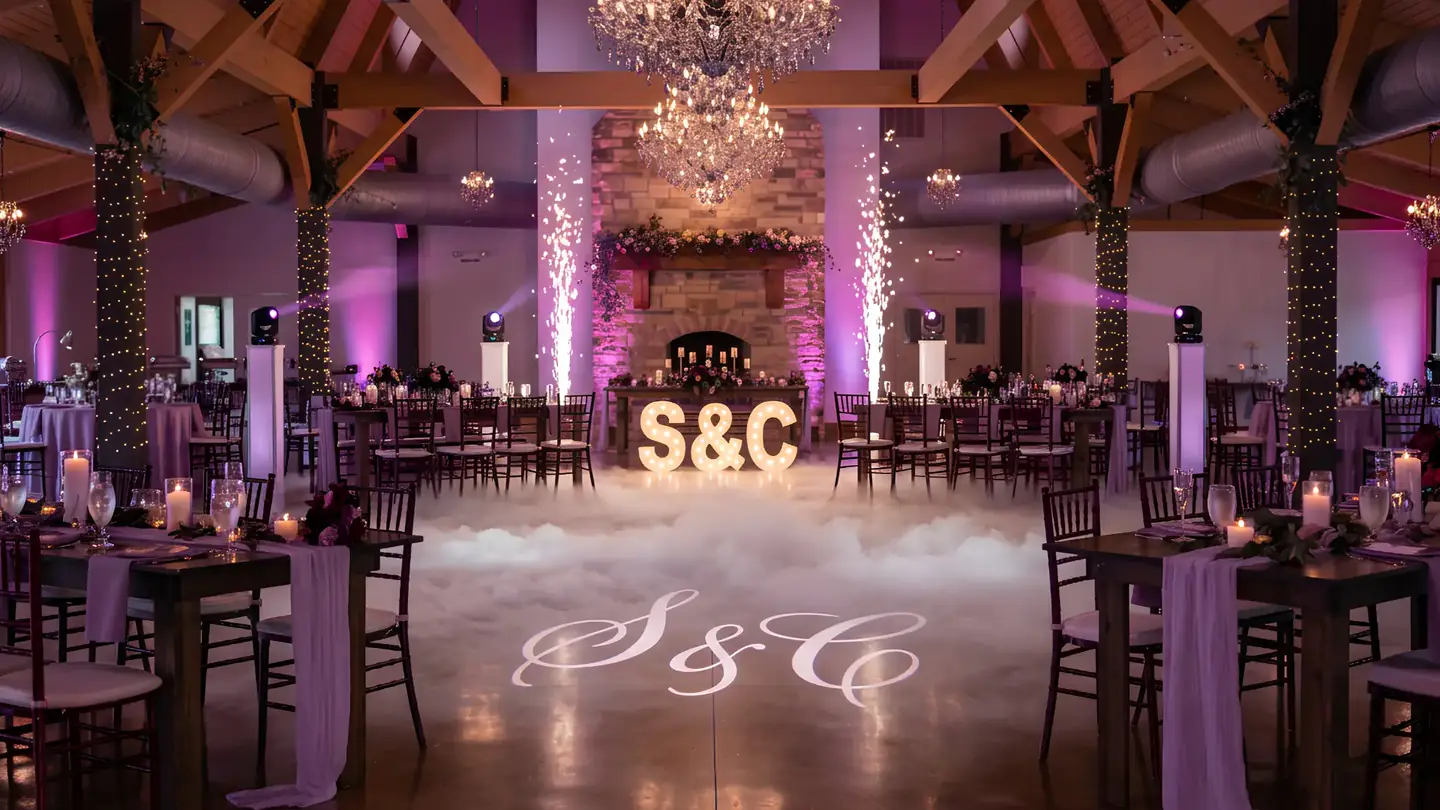 The same venue reimagined as a fully lit wedding reception